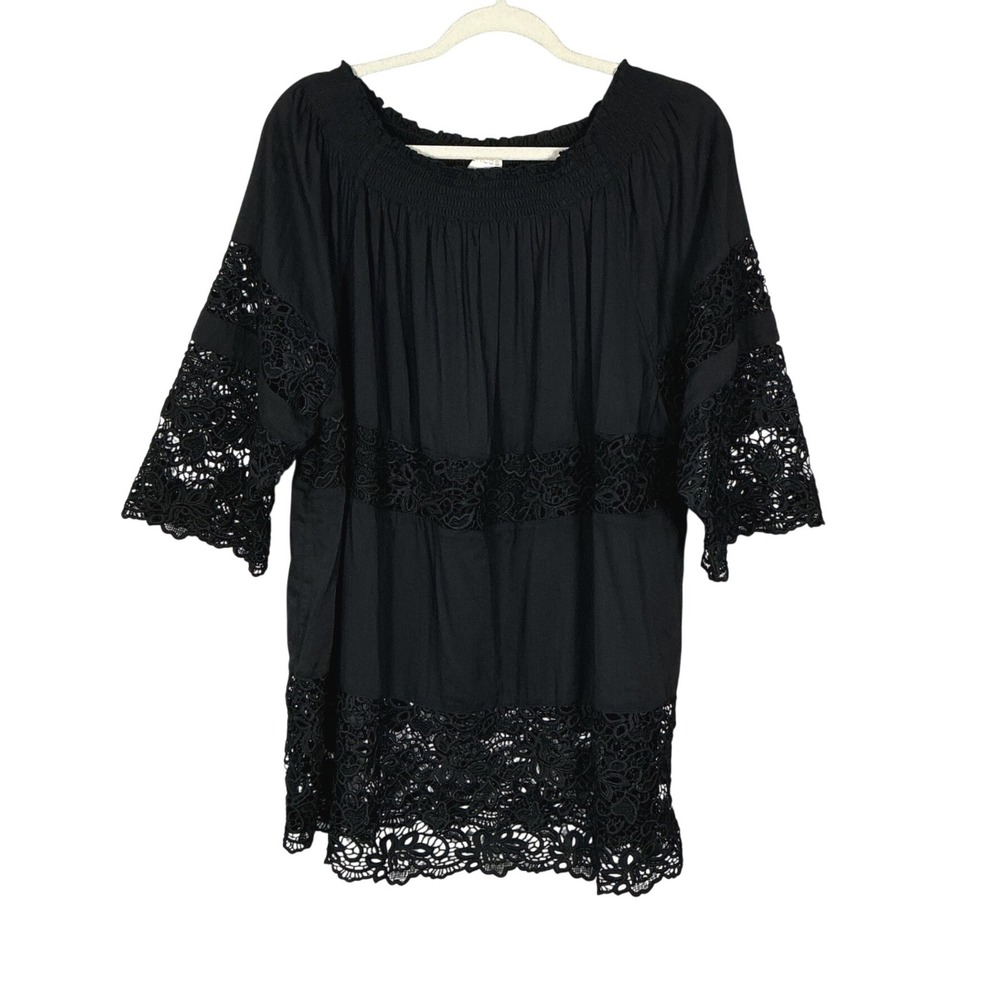 Chicos Black Crochet Lace Peasant Blouse Smocked Off Shoulder Top Size 3 XL